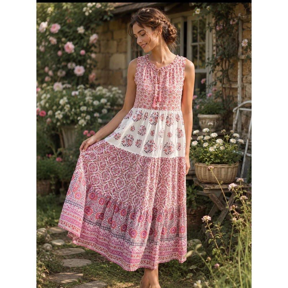 Dolma Cotton Boho Maxi Dress Pink Floral Print Tassel Tie Sleeveless cottage S/M